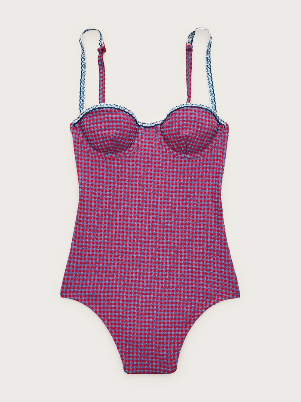 J crew red blue Balconette underwire one-piece in gingham